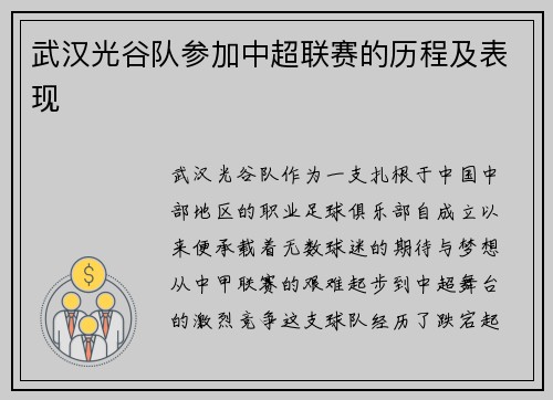 武汉光谷队参加中超联赛的历程及表现